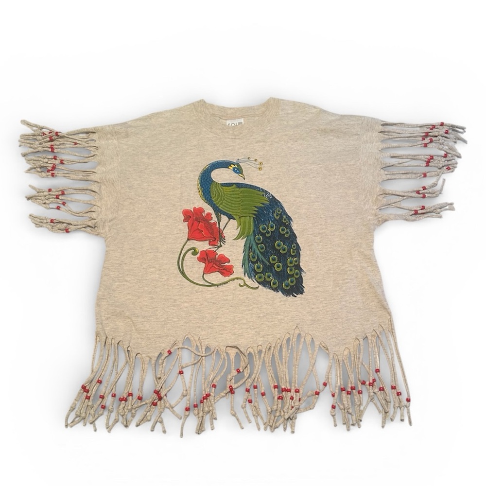 SDI Peacock Print Fringe Vintage  Top Women’s Size L